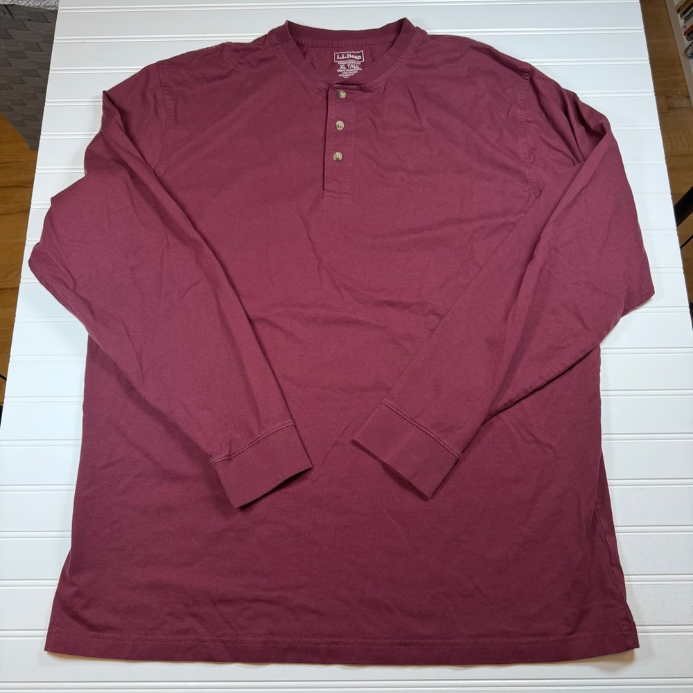 LL Bean Mens Henley Shirt XL Tall‎ Burgundy Maroon Long Sleeve Cotton 228536